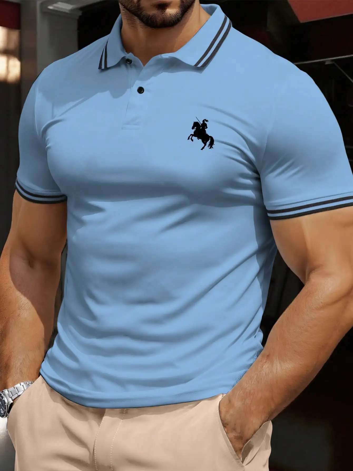Men's Light Blue Short Sleeve Polo Shirt with Contrast Trim and Equestrian Silhouette Print