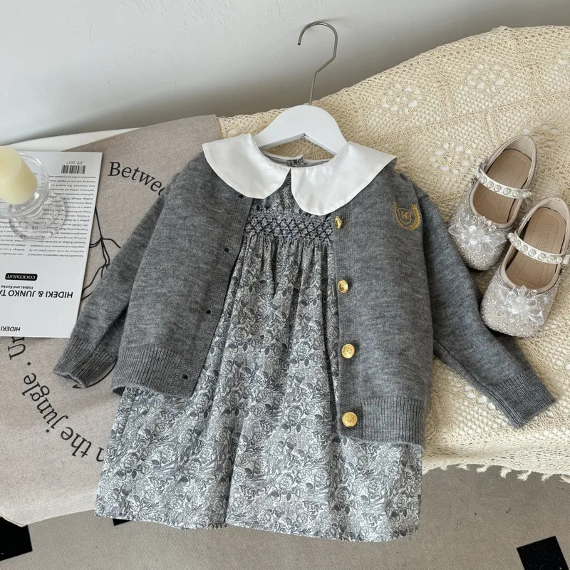 

2025 осенне-зимняя детская одежда для девочек, серый вязаный кардиган, модное платье принцессы с длинными рукавами, комплект из 2 предметов для малышей 3-10 лет