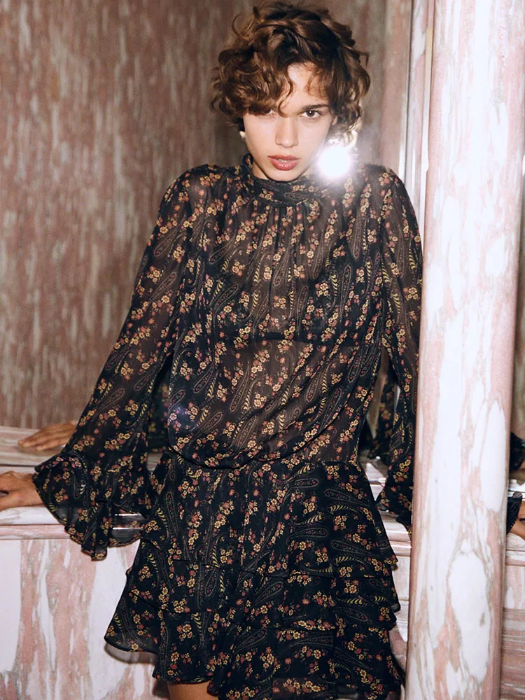 الراقية ZA2025 المرأة شتاء جديد الأزهار طباعة فقاعة الدكتور Ele Faionable عادية مريحة تناسب مختلف Ocns