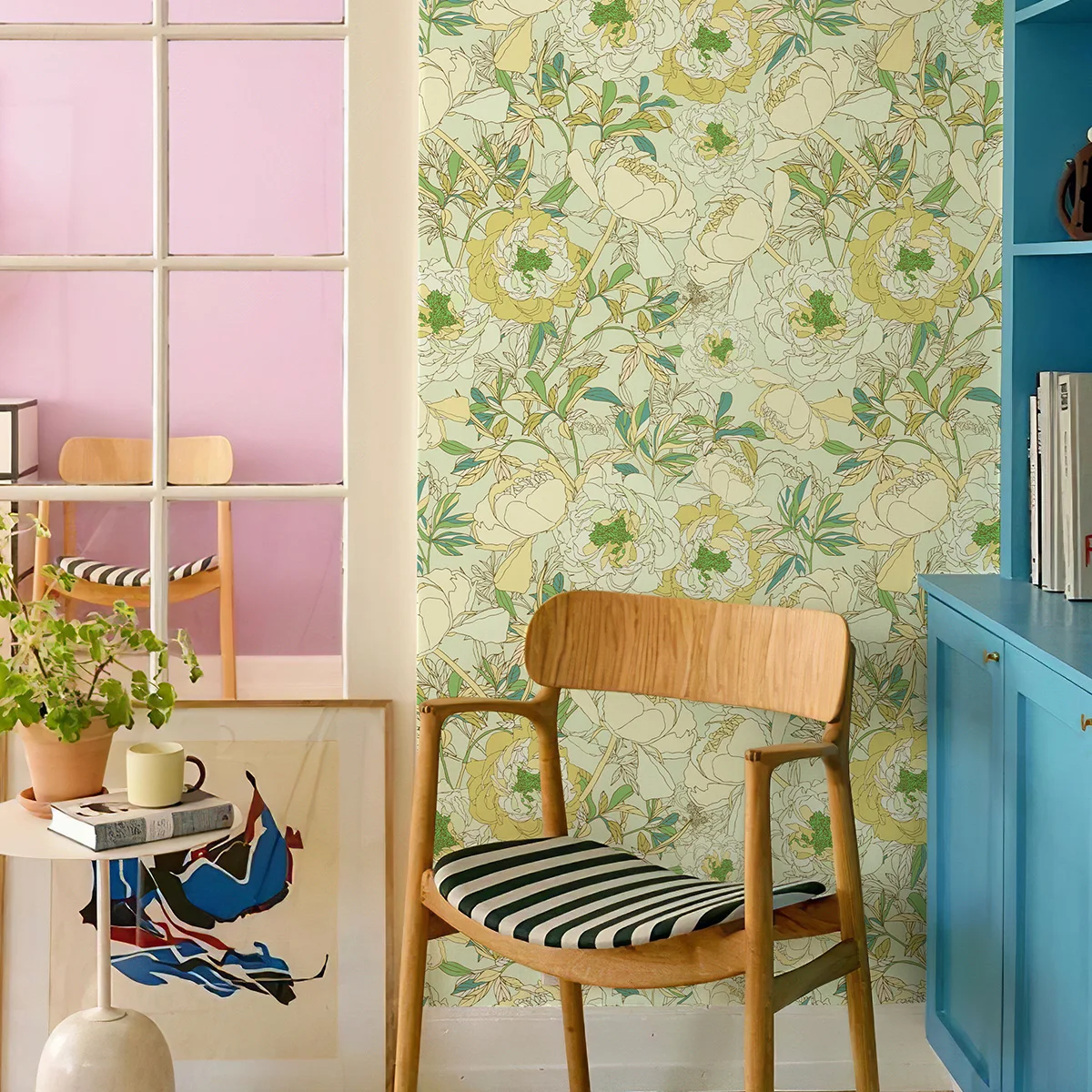 light Yellow Green Line Floral Foliage Waterproof Wallpaper Self Adhesive Removable Natural Green Botanical Cabinet Sticker