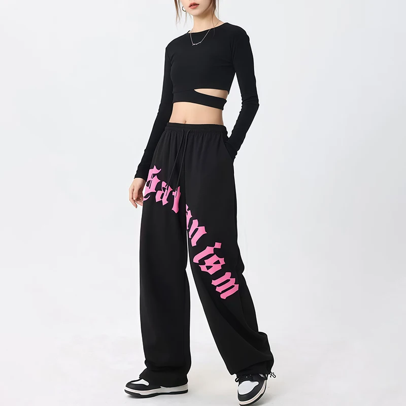 الهيب هوب إلكتروني طباعة Sweatpants للنساء مرونة عالية الخصر بنطلون خمر Y2k بنطلون مريح فضفاض بنطلون رياضي