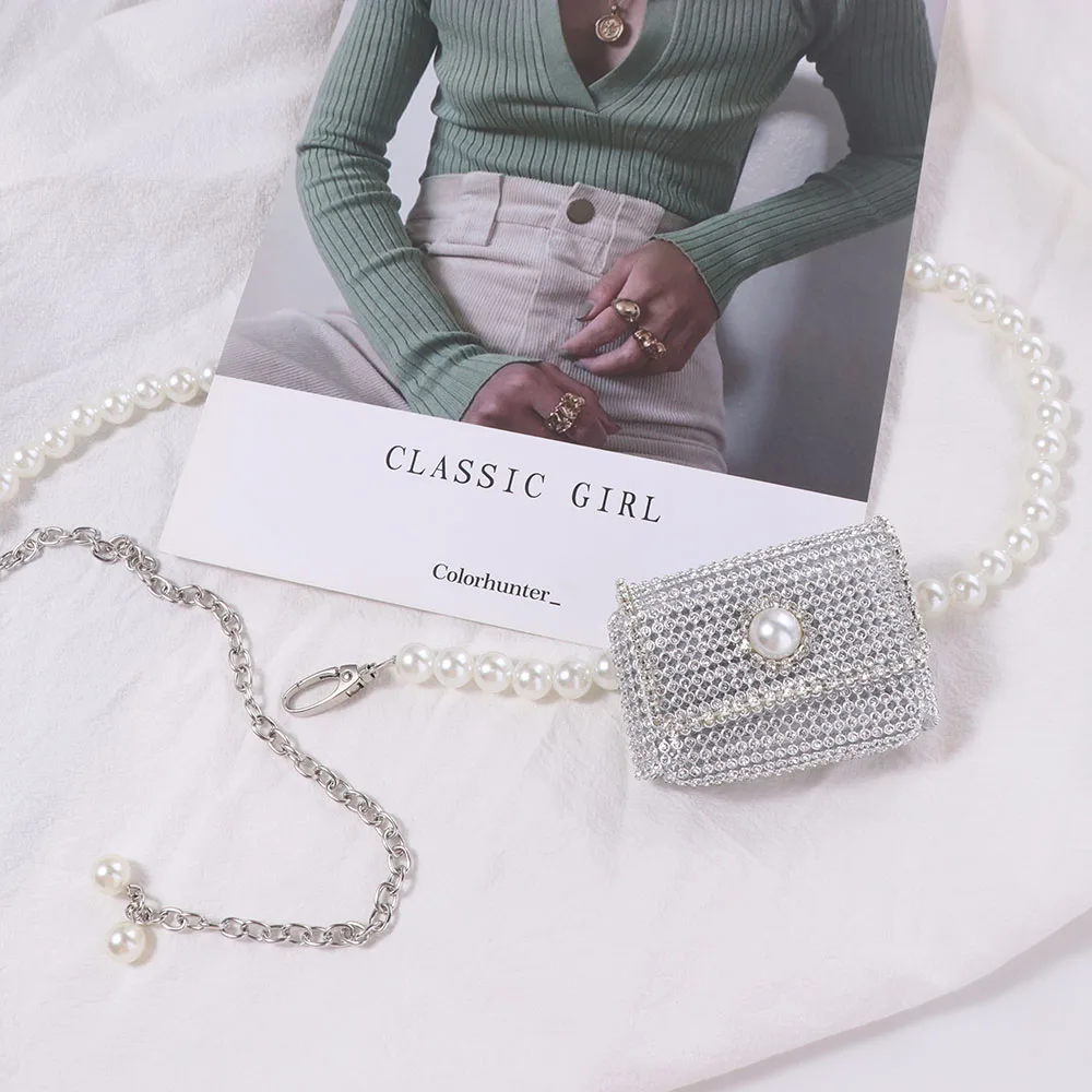 Korean Style Rhinestones Pearl Chain Waist Bag Trendy Long Tassel Women Mini Bags Belt Dress Decoration Luxury