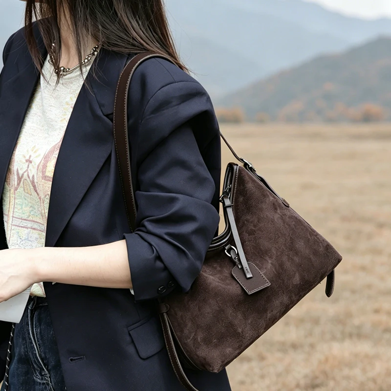 Women's Handbags Matte Suede Cow Leather Bags For Ladies 2026 Fashion Vintage Crossbody Cow Leather Woman Genuine Shoulder Bag