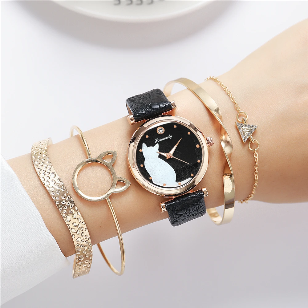 5pcs/set cute fashion cat pattern quartz pu leather women wrist watch