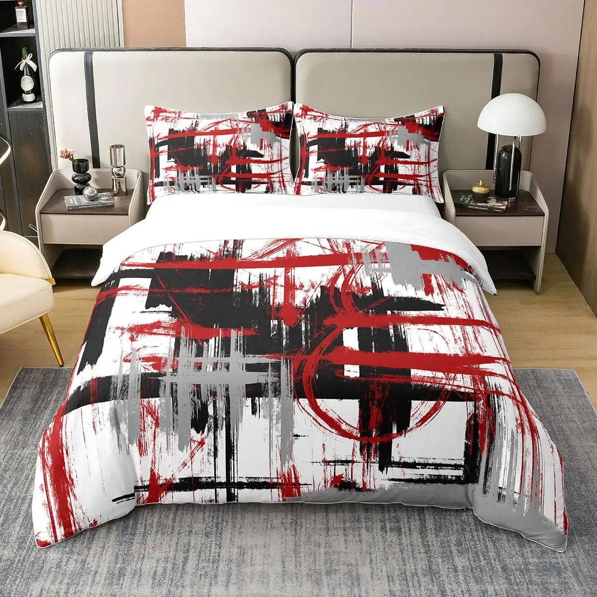 Red Grey White Geometric Bedding Set Full Size Stripes Duvet Cover Bedroom Decor Abstract Comforter Cover Set with 2 Pillow Case