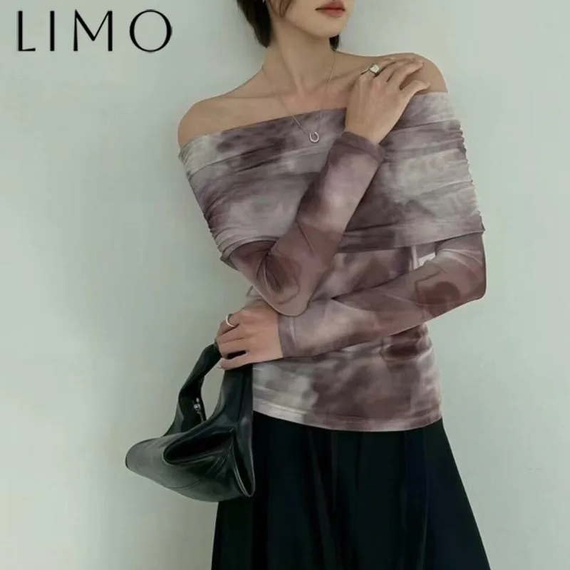 

LIMO женская футболка с открытыми плечами, винтажная плиссированная элегантная шикарная футболка с принтом тай-дай, весна-лето 2024, повседневная простая дизайнерская футболка высокого качества