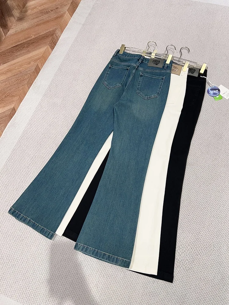 

Утягивающие джинсы-клеш с высокой талией на подкладке, женские хлопковые джинсовые брюки с чайным цветочным узором, осенняя мода, женские сле