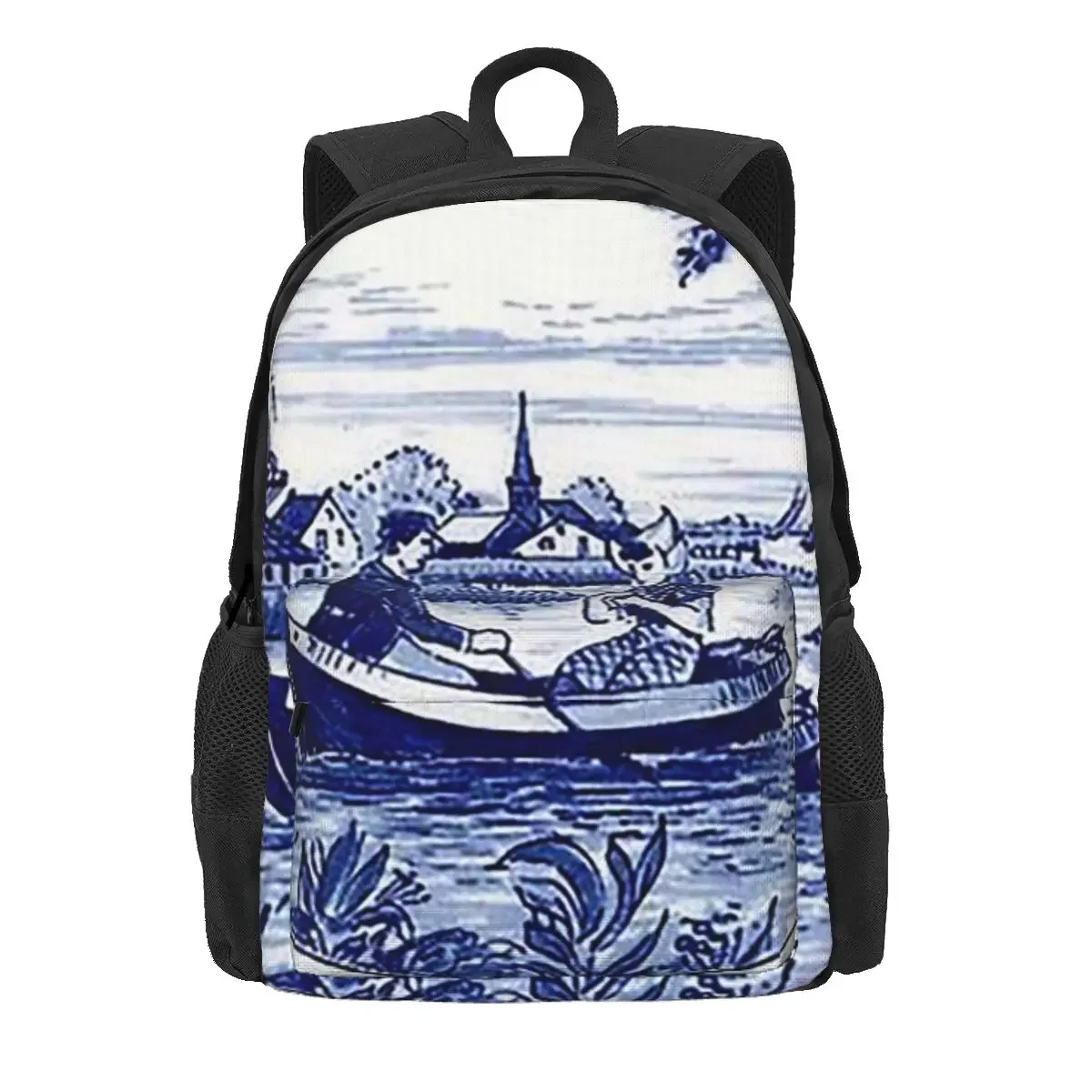 Dutch Blue Delft Windmill Church And Sailboats Backpack Daypack Large Capacity BookBag School Bag Shoulder Bags for Men Women