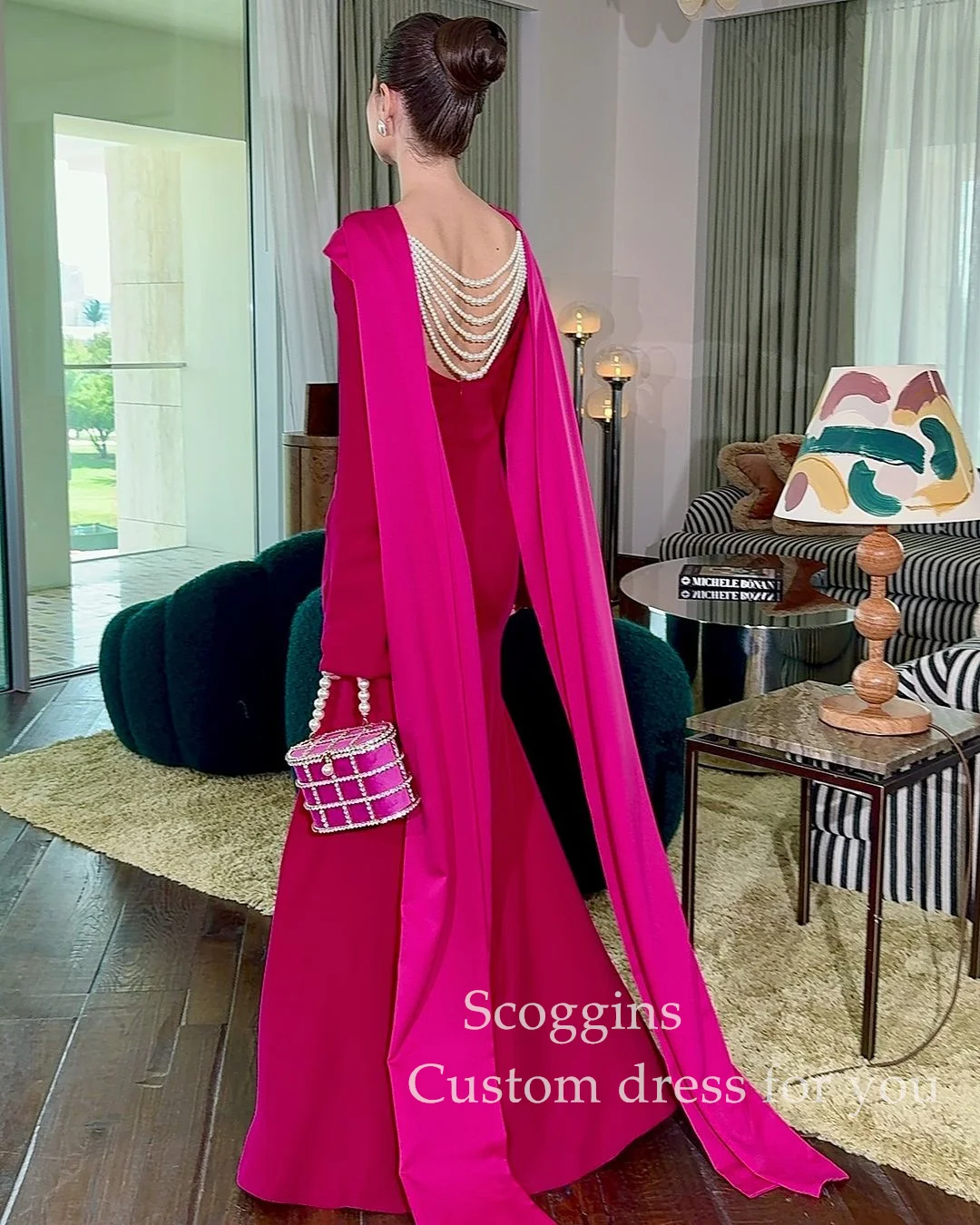 Scoggins فساتين سهرة Column Split Scoop Neckline Floor-Length Watteau Train Long Sleeves Dresses For Prom Wedding Party Dress