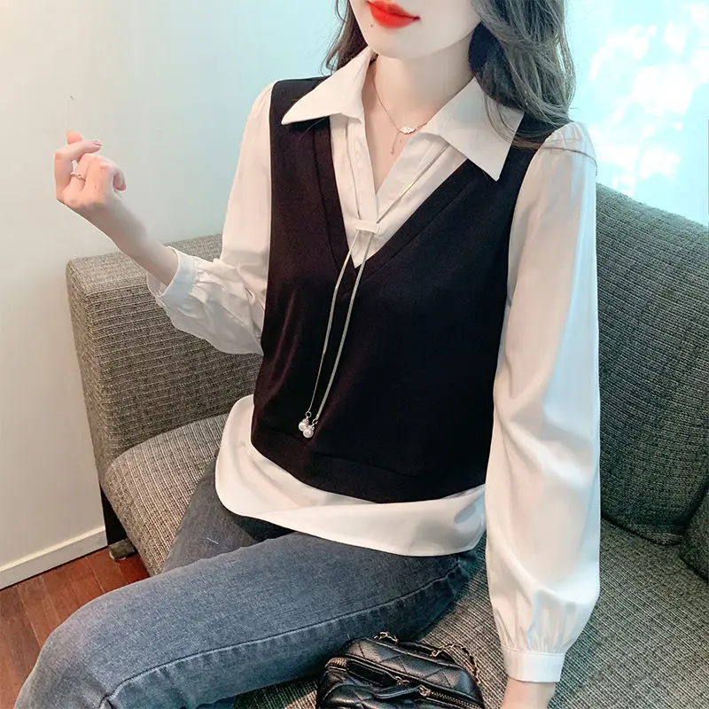 Fashion Polo Collar Fake Two Piece Long Sleeved Shirt for Women's Autumn New Item Korean Version Versatile Women's Shirt