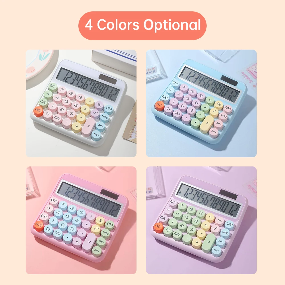 Mechanical Calculator 12 Digit Large LCD Display Big Round Button 15°Tilt Screen Cute Candy Colored Dual Power Supply for Office