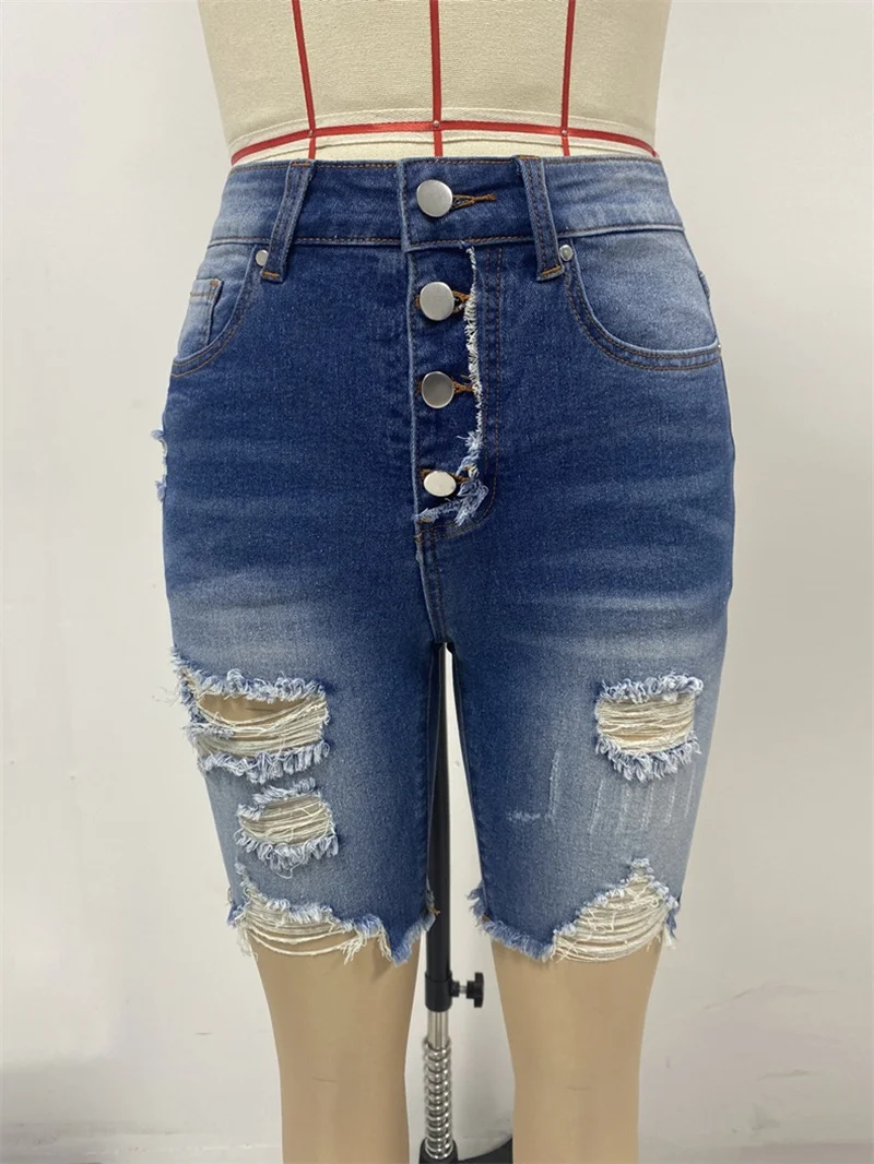 2024 Slim-Fit Breasted Denim Jeans Shorts Women's Street Ripped Raw Hem Tight Quarter Pants