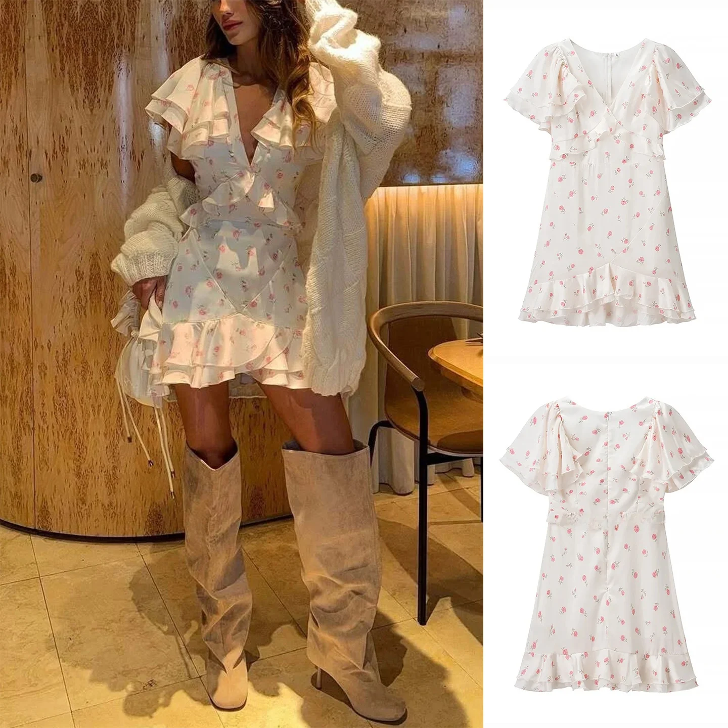 Floral impressão chá break dr v-ne puff sve em camadas decoração feminina faion outono nova chegada fino ajuste par dr