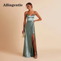 Allingentle Sexy V-Neck Side Split Bridesmaid Dress For Women 2024 Spaghetti-straps A-Line Floor Length Satin Maid of Honor Gown