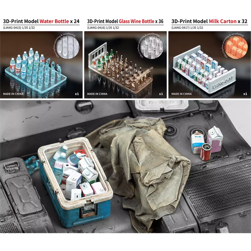 

1/35 Scale 3D Print Water Bottle Glass Wine Drink Bottle Milk Carton Military Tank Model Kit Detail Upgrading Scene Accessories