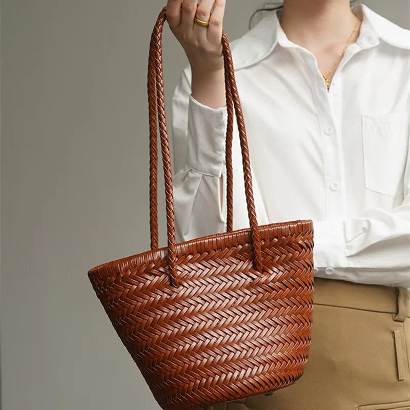 Vintage Cowhide Head Layer Braided One Shoulder bucket Bag leather Handmade Vegetable Basket Bag Travel Beach Tote Bag