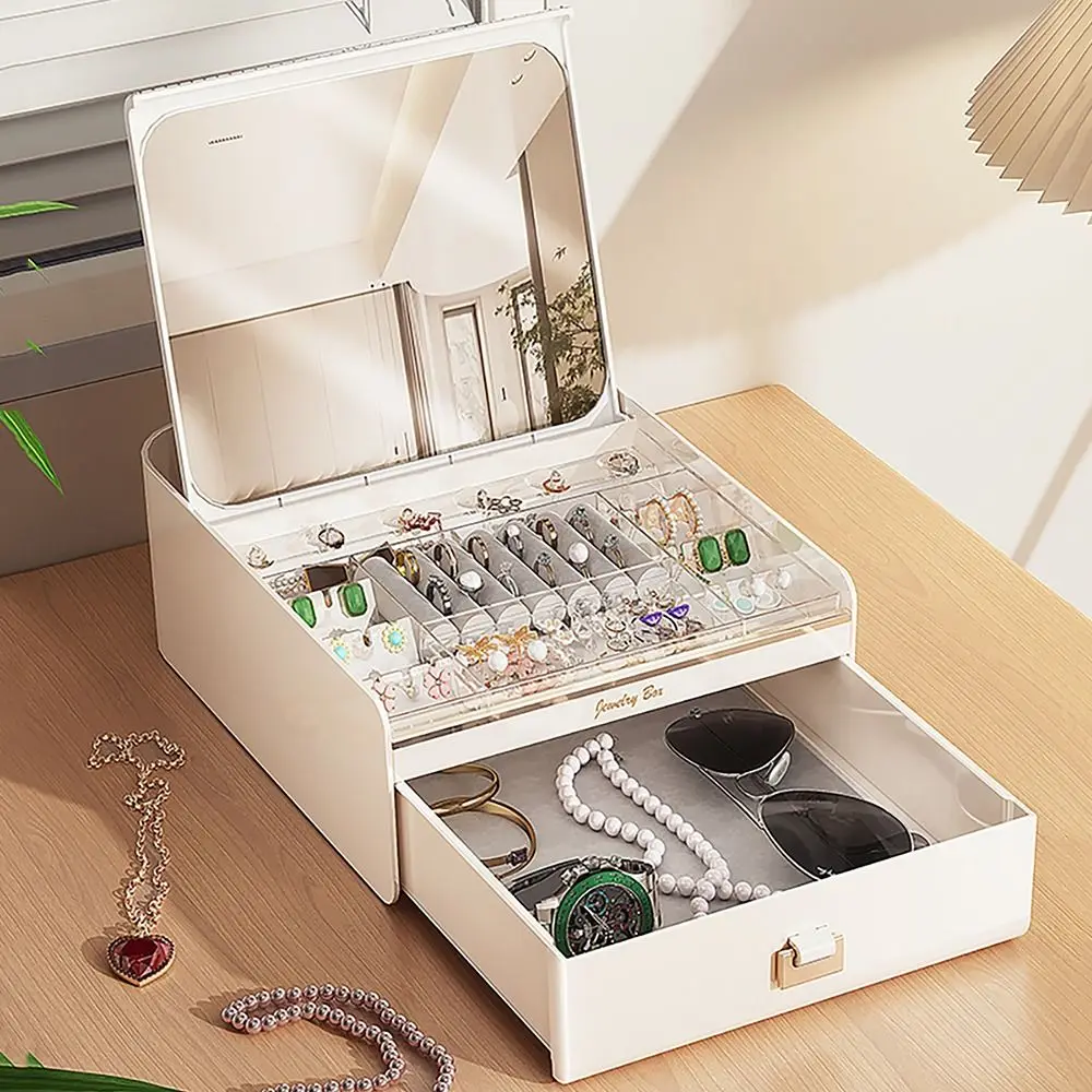 

2-Layer Jewelry Box with Mirror Velvet Interior Drawer Jewelry Display Holder Multi-compartments Dust-proof