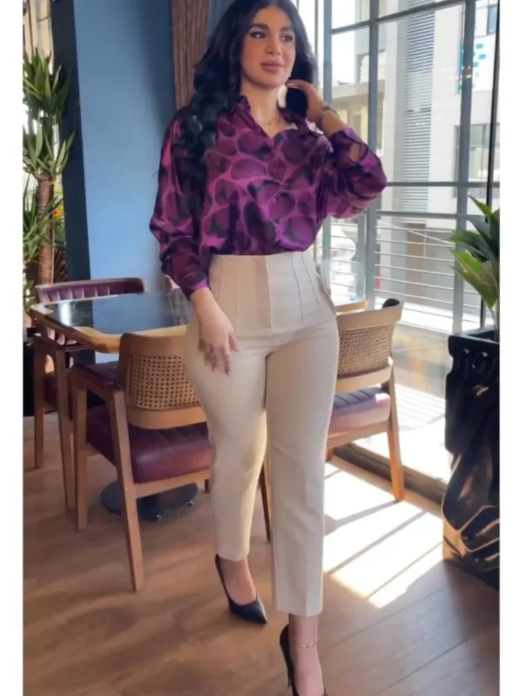 Casual Lange Mouw Shirt Broek Set Office Lady Lente Herfst Elegante Print Blouse Effen Broek Tweedelige Set Vrouwen Outfit 2023