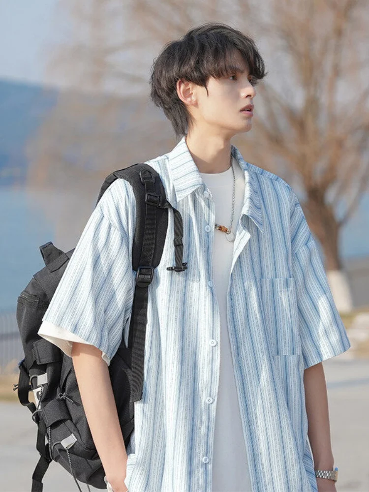 

Slim Fit Short Sleeve Striped Shirt Men's Summer Thin Loose American Retro Style Fashionable Top Youth Popular Shirt