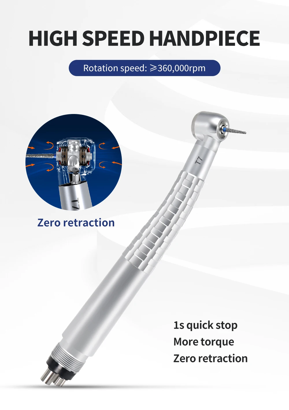 Dental High Speed Handpiece T7 Zero Retraction 4 Water Spray Push Button 2/4 Holes Air Turbine Handpiece for Dental Clinic