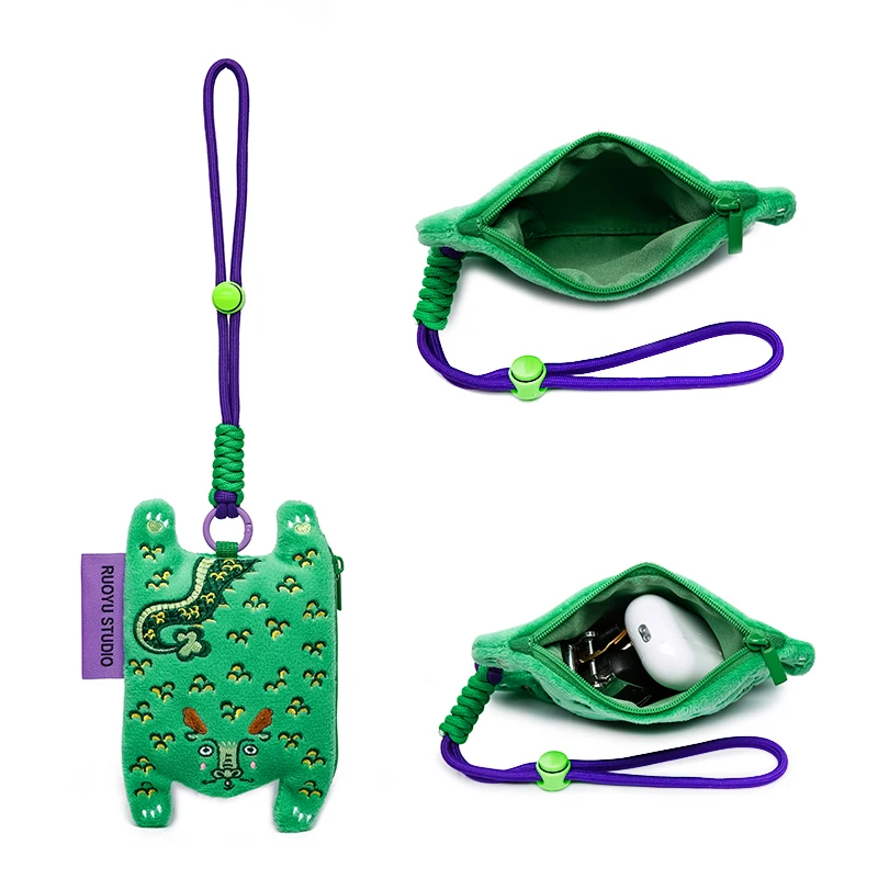 Cute Animal Fabric Earphone Case Coin Purse Key Holder Original Design by RUOYUSTUDIO Modern Unisex Zipper Closure Bag