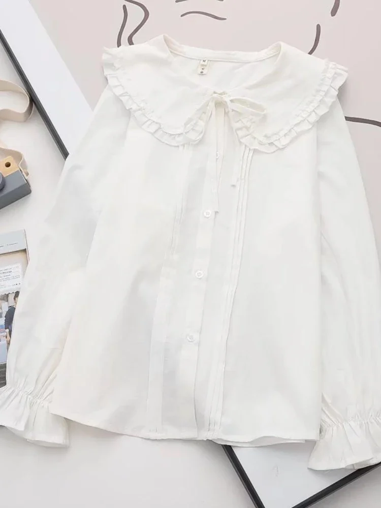 Preppy Lolita Style Women 100% cotton White Shirt Long Sleeve Peter Pan Collar Bowknot  Blouse  JK School Uniform Top