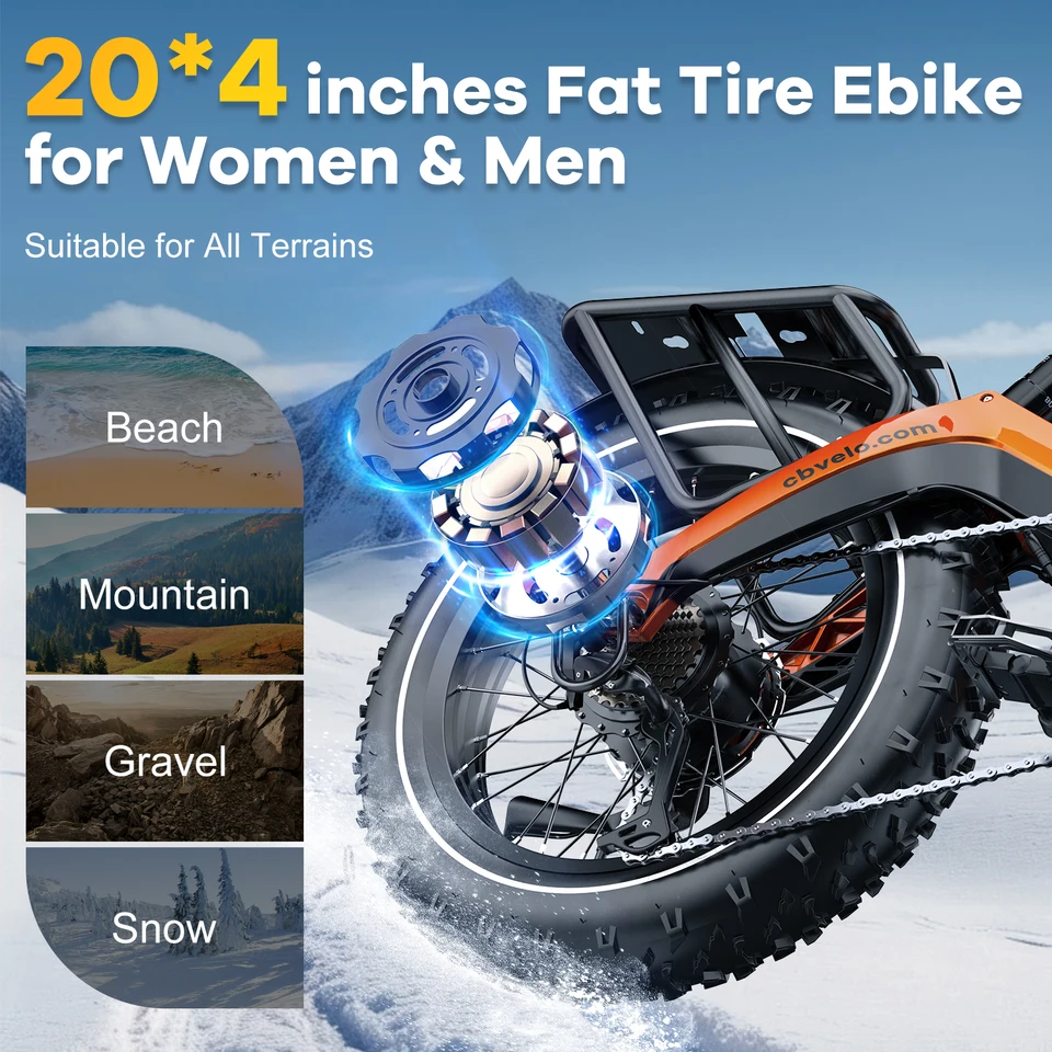 2000W Peak 20"x4.0" Fat Tire Folding Electric Bike, 48V 25Ah Built-in Battery, 35MPH Long Range 100 Miles All Terrain Adult Ebike Cybervelo EK6 image 6