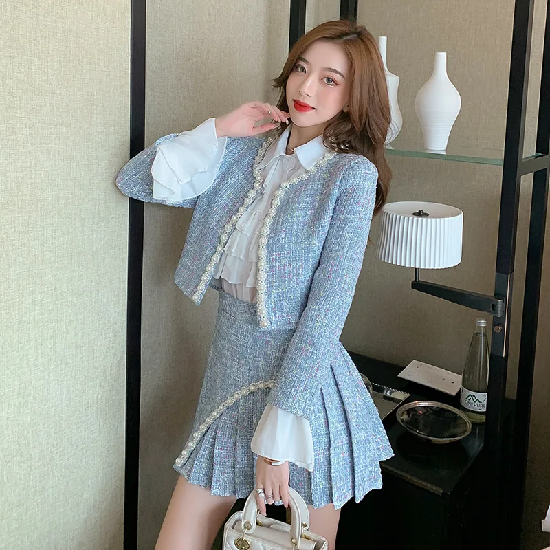 Women Autumn Winter Skirt 2 Piece Sets Lady Fashion Elegant Peals Jacket Coat + Mini Pleated Skirt Suit Female Outfit Tweed Sets