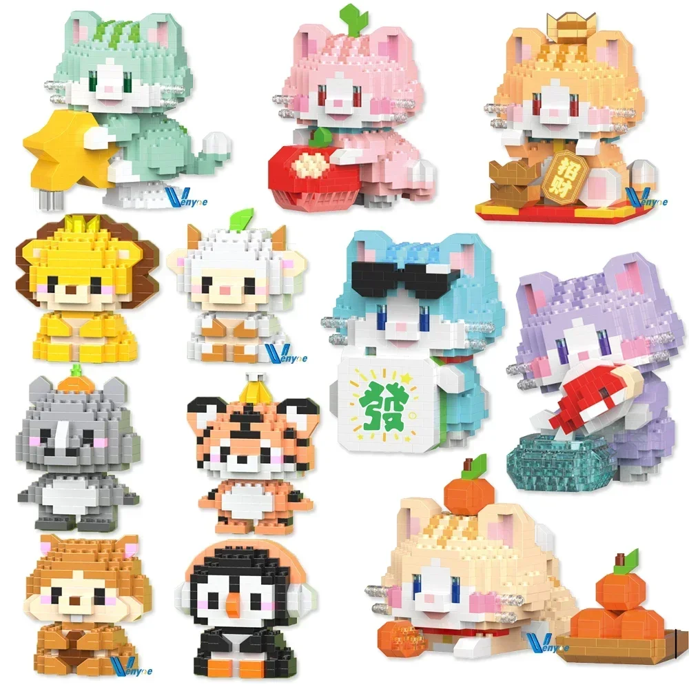 Kawaii Animal Model Cats Micro Building Blocks Neko Rhino Goat Mini Brick Funny Fruit Lemon Avocado Figure Toy for Children Gift