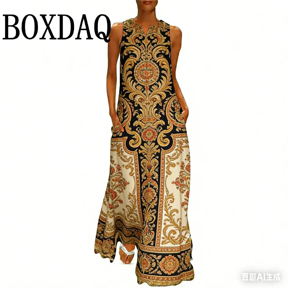 

Women's Fashion Retro Printed Sleeveless Sexy Dress Summer Elegant Women's Ethnic Style V-Neck Loose Pocket Long Dress Vestidos