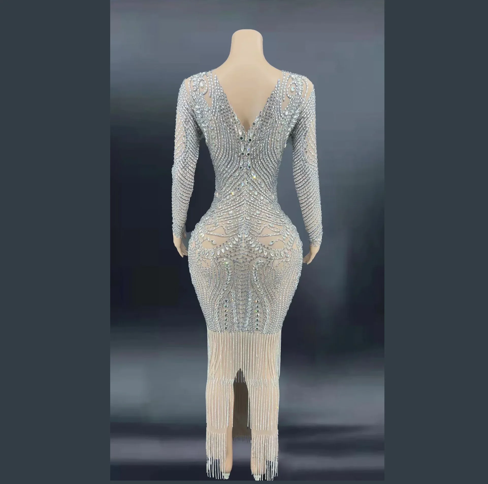 Nude Shining Rhinestones Tassel Sexy Long Sleeve Split Dress For Women Evening Ballroom Singer Stage Drag Queen Costumes 2024