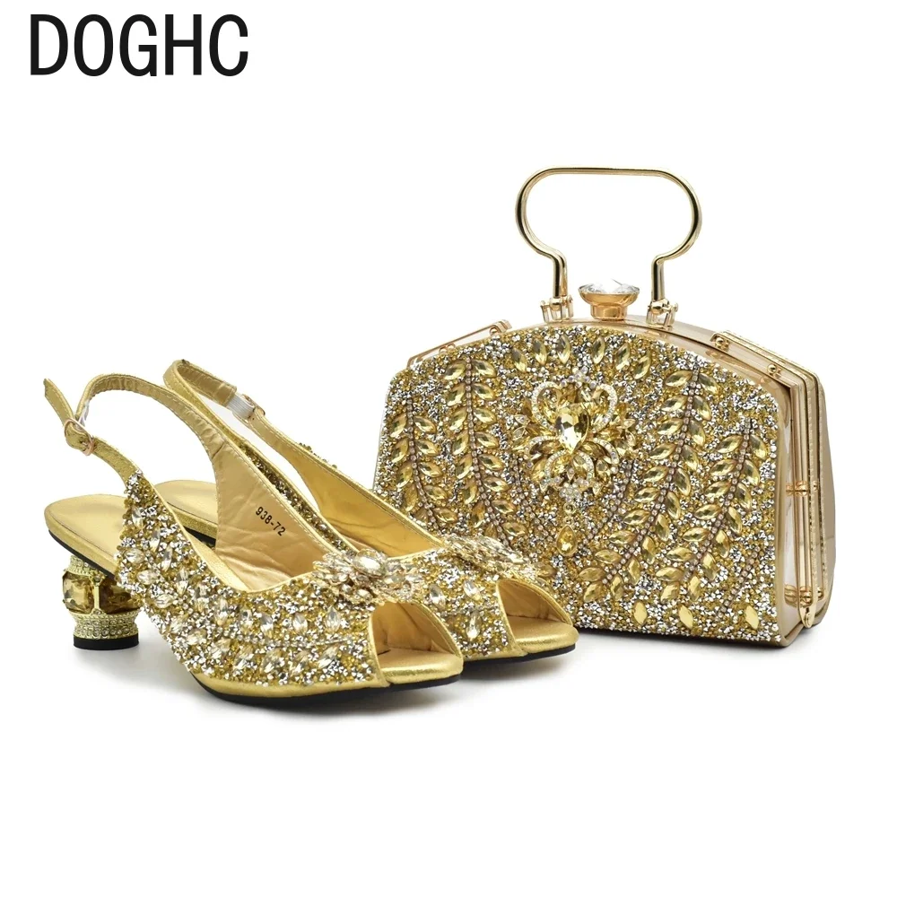 

New Arrival Luxury Italian Shoes and Bag Set for Women Full Rhinestone Shoe and Bag Party Italy Set Medium Heel Shoes for Women