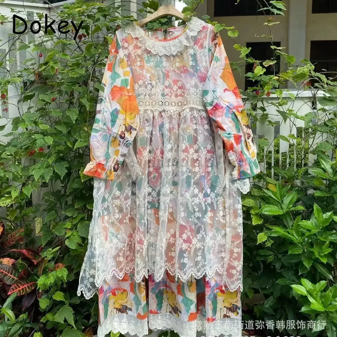 

Vintage Lace Two-piece Flower Dress Women Mori Girl Peter Pan Collar Cotton Linen Dress Japanese Casual Loose Kawaii Mid Vestido