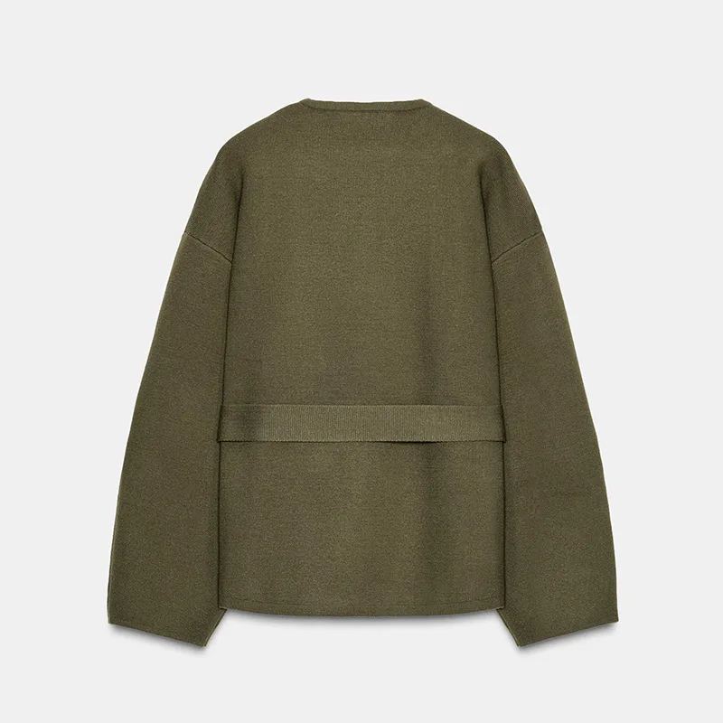 سترة نسائية للخريف والشتاء برقبة دائرية معطف بصدر واحد وأكمام طويلة ملابس خارجية فضفاضة مع حزام 2025 ملابس خروج نسائية جديدة