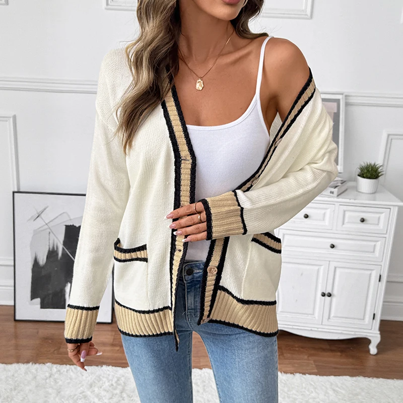

Women's Loose V-Neck Contrast-Colored Sweater Cardigan for Autumn Workplace Casual & Laid-Back Style LD800100