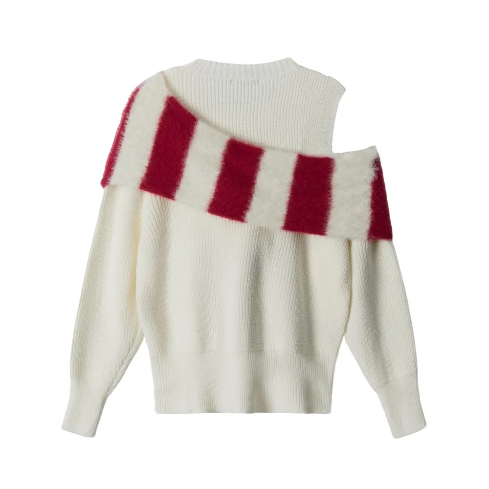 Bare-shoulder Decollete Scarf Patchwork Elegant Sweaters Design Knitted Winter Clothes Sexy Pullovers Tops for Women Girls Lady
