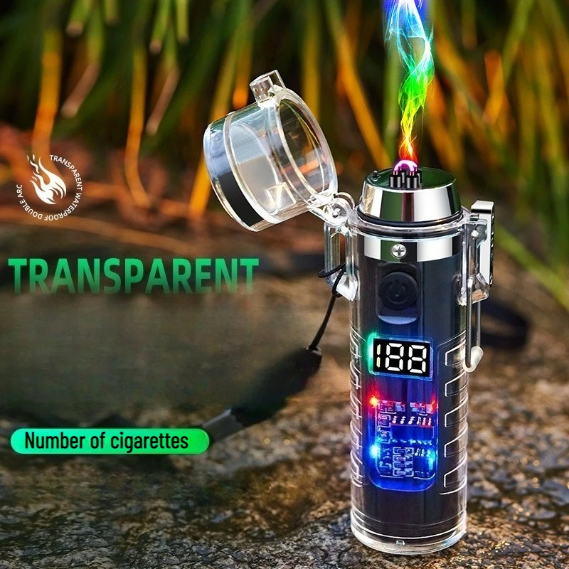 

2025 Metal Outdoor Waterproof Transparent Shell Charging Lighter Multifunctional Flashlight Compass Electronic Cigarette Lighter
