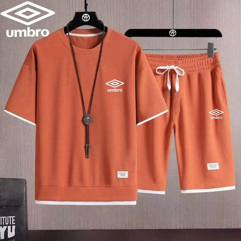 Embroidered Umbro Summer Men\'s Waffle Sets Casual T-Shirt And Shorts Set Male Sports Suit Tracksuit Loose Suits Size 3XL