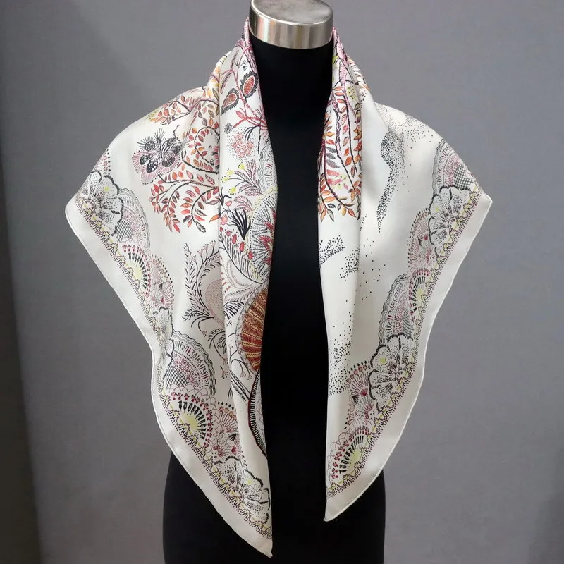 High-end Elegant Women Fine Colorful Life Tree Double Sided Print Quality 18MM Twill Silk Hand-rolled Edge Square Scarf Shawl