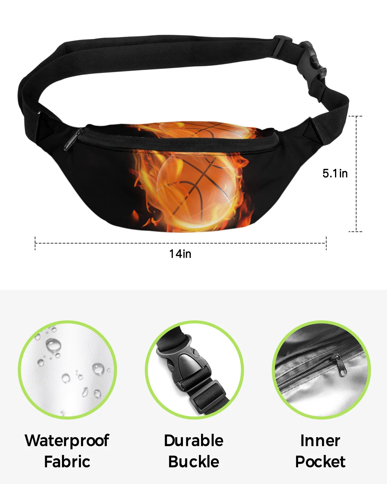 Basketball Flame Waist Packs Shoulder Bag Unisex Messenger Bag Casual Fashion Fanny Pack for Women