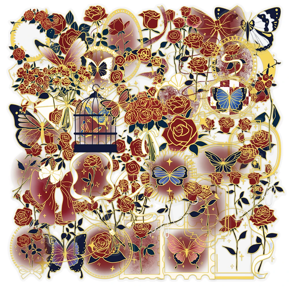 10/30/50 Stück Transparente Retro Vergoldete Rosen-Aufkleber Cartoon Ästhetische Kunst-Sticker DIY Scrapbooking Kühlschrank Handy-Aufkleber Großhandel