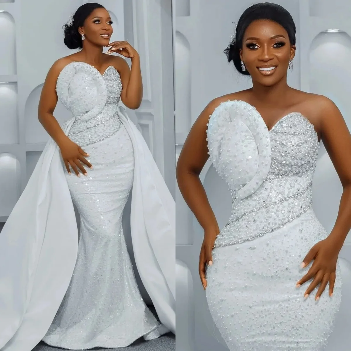 

Великолепное свадебное платье русалки с жемчугом, без бретелек, без рукавов, платья невесты, сексуальные свадебные платья со съемным шлейфом по индивидуальному заказу