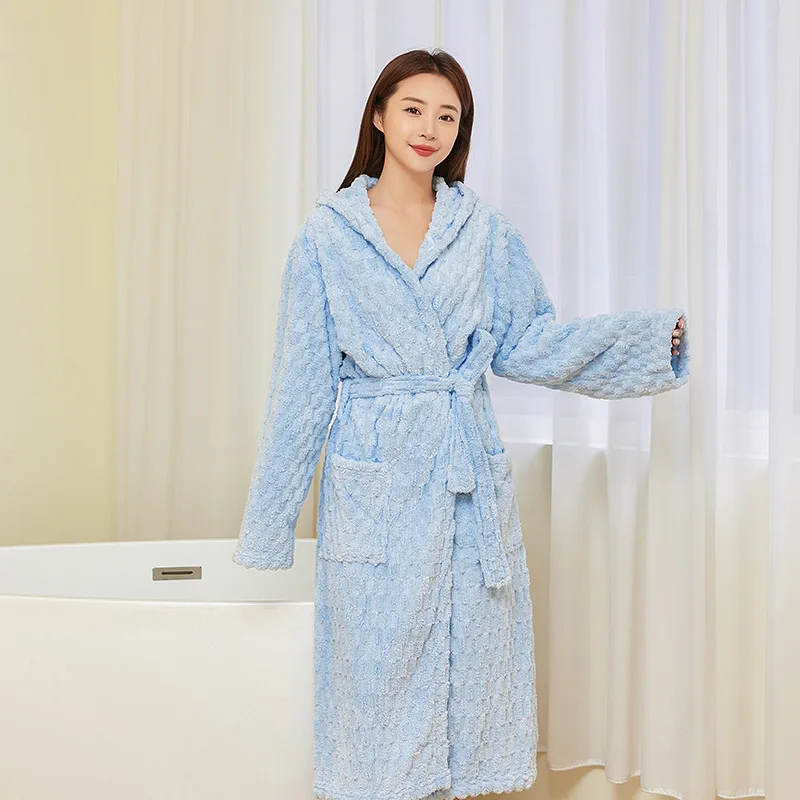Coral Fleece Bathrobe Women Winter Keep Warm Casual Water Uptake Robe Sleepwear Plush Bath Robe Lounge Nightgown Loungewear