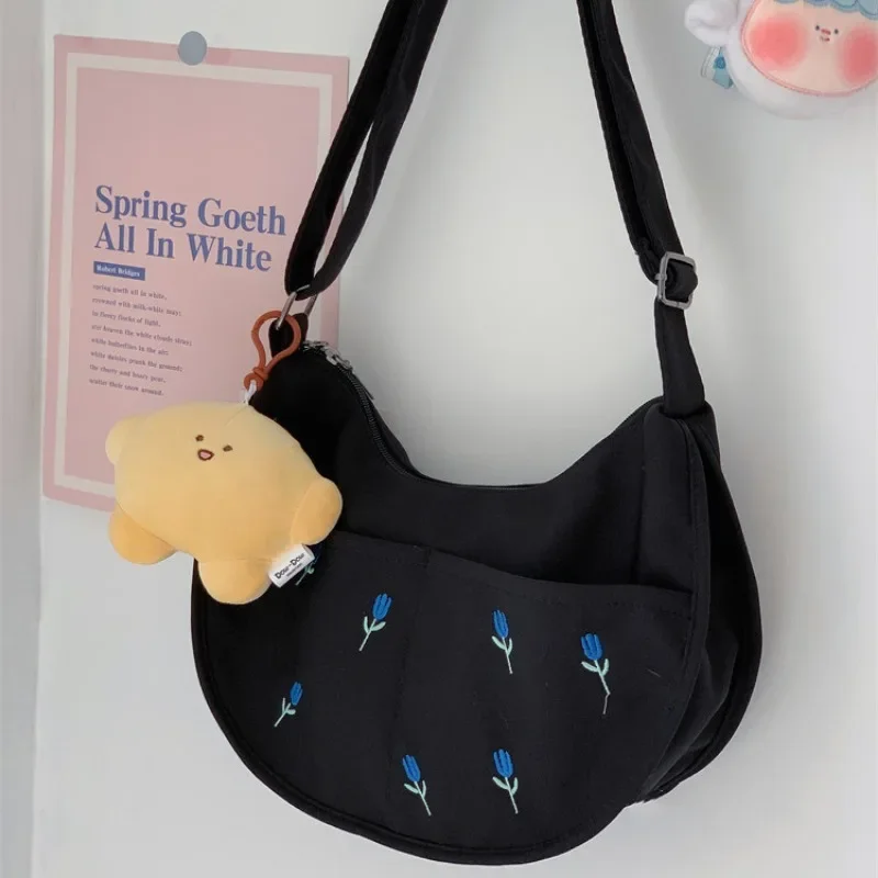 Xiuya Vintage Shoulder Bag for Women Fsahion Flower Embroidery Canvas Crossbody Bags Casual Versatile Japanese Designer Bag