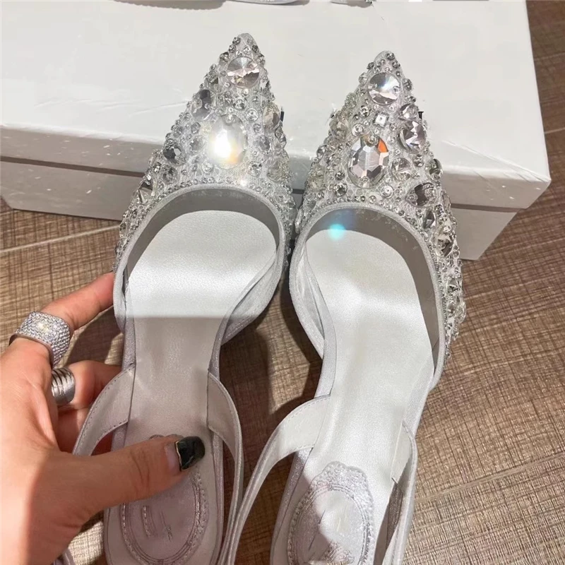 Spring and summer pointed shallow mesh crystal wedding shoes thin high-heeled banquet dress large size small size women\'s sandal