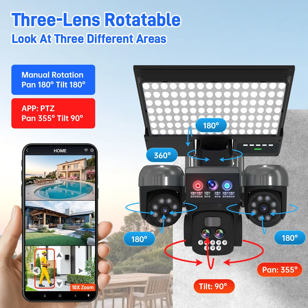 8MP Auto Tracking PTZ Solar Camera and Lighting, Human Detection PIR IP Camera with Siren,  Solar Powered CCTV Security camera