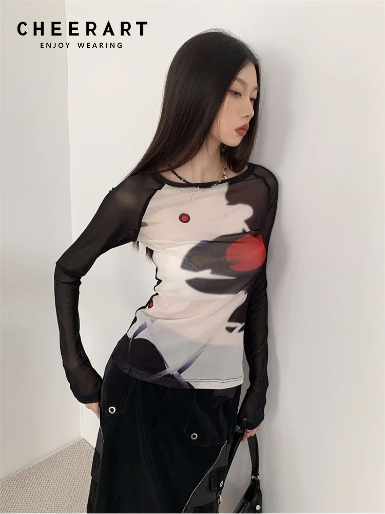 CHEERART Trashy Y2k Mesh Top Long Sleeve Tees Women Clothing See Through Top Graphic T Shirts Spring 2023 Fashion Clothing