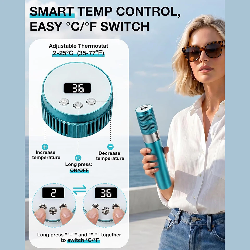 Portable Electric Insulin Cooler USB-C Charging Digital Display Adjustable 2-25 ℃ Diabetes Travel Drug Cooler TSA Approved