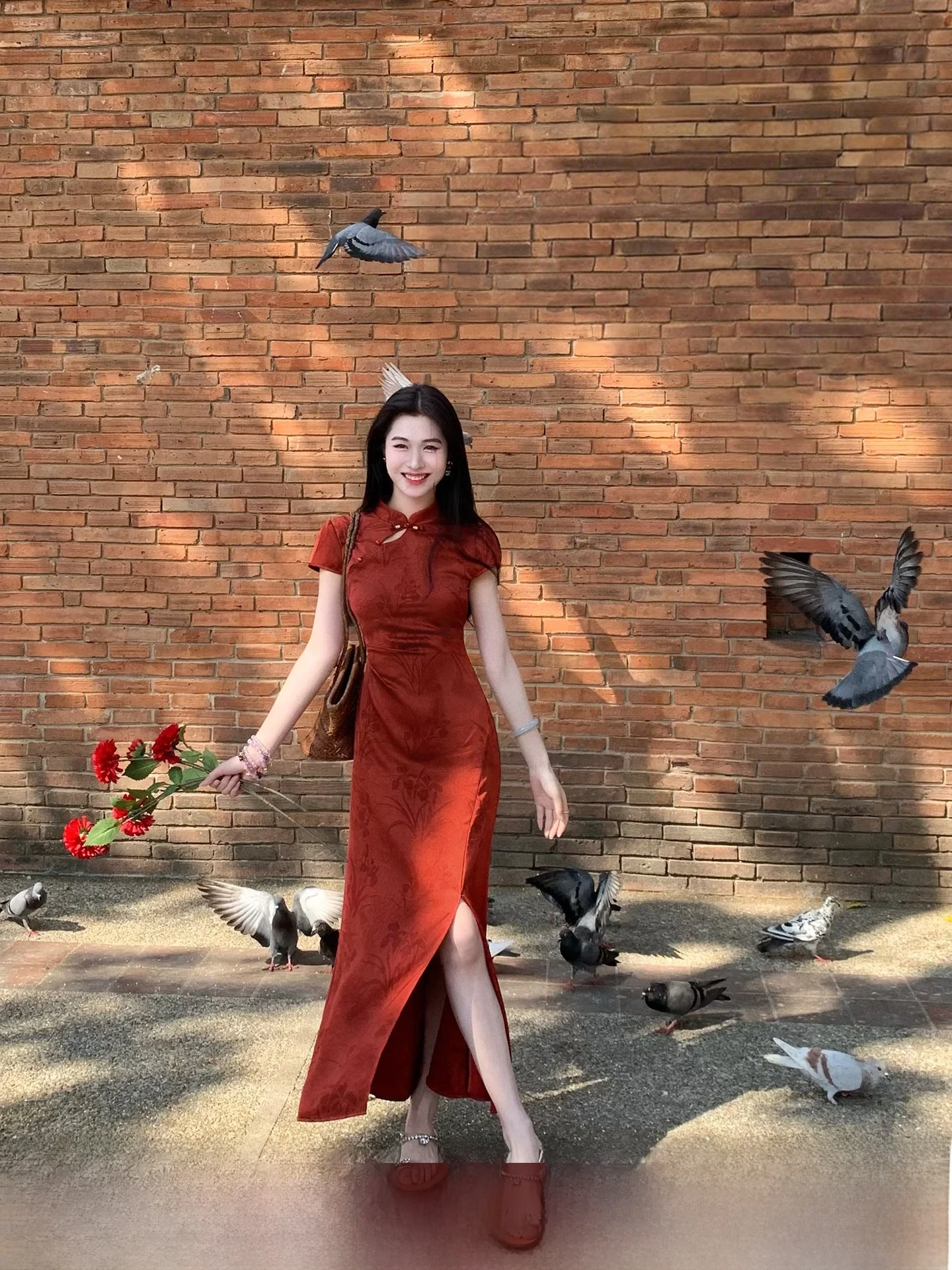 

Red Silk Satin Dress Short Sleeve Women's Summer Travel Outfit Traditional Chinese Style Floral Print V-Neck Long D...