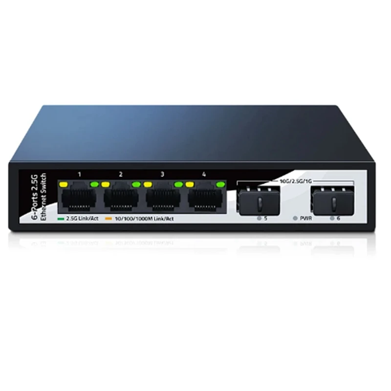 2.5Gb Ethernet Switch 4 Port 2.5G Network Switch 2 Port 10Gbe SFP+ Slot Home Lab Switch Unmanaged Plug And Play EU Plug Durable